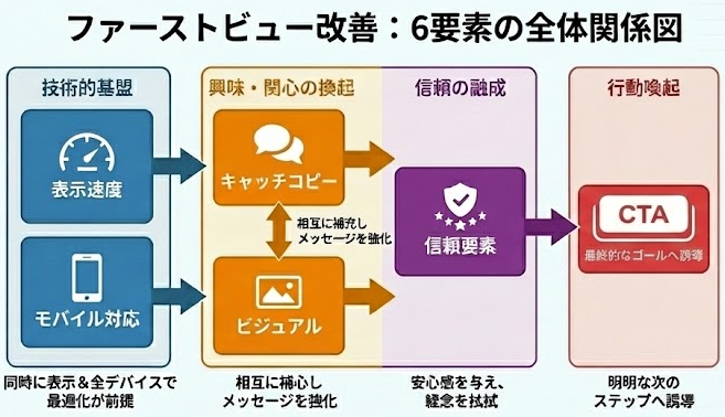 ファーストビューを改善するための6ポイントの全体関係図