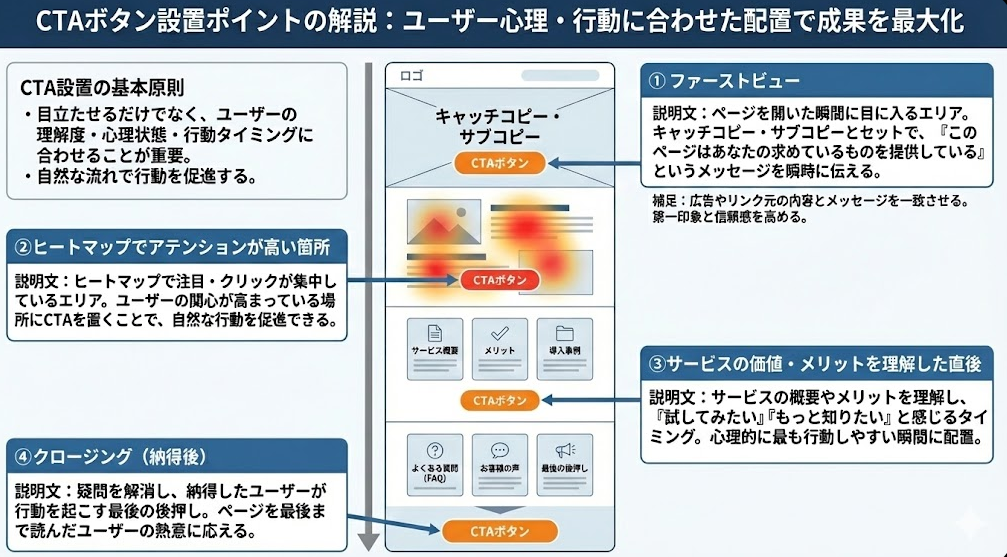 CTAボタンのオススメ設置箇所と説明のインフォグラフィック