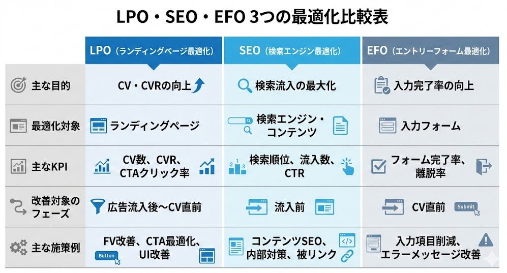 LPO・SEO・EFOの3つの最適化を比較する表