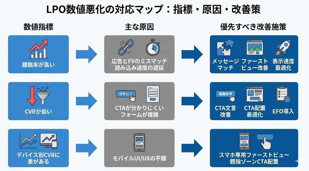 LPOにおける数値悪化の原因と改善策を整理した図。離脱率・CVR・デバイス別成果の低下に対し、ファーストビュー改善、CTA最適化、モバイルUX改善などの具体的施策を対応付けて解説しています