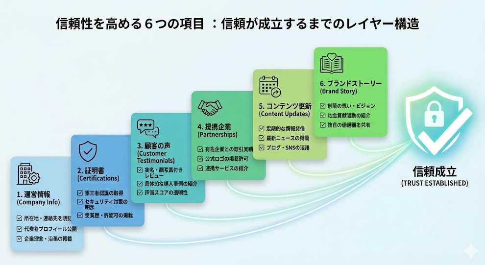 Webサイトやビジネスの信頼性を高める6つの重要項目をまとめたチェックリストのインフォグラフィック。左下から順に「1.運営情報」「2.証明書」「3.顧客の声」「4.提携企業」「5.コンテンツ更新」「6.ブランドストーリー」の各要素がレイヤー状に積み重なり、全ての要素が揃うことで最終的に右側の「信頼成立(TRUST ESTABLISHED)」に至るプロセスを視覚的に表現している。