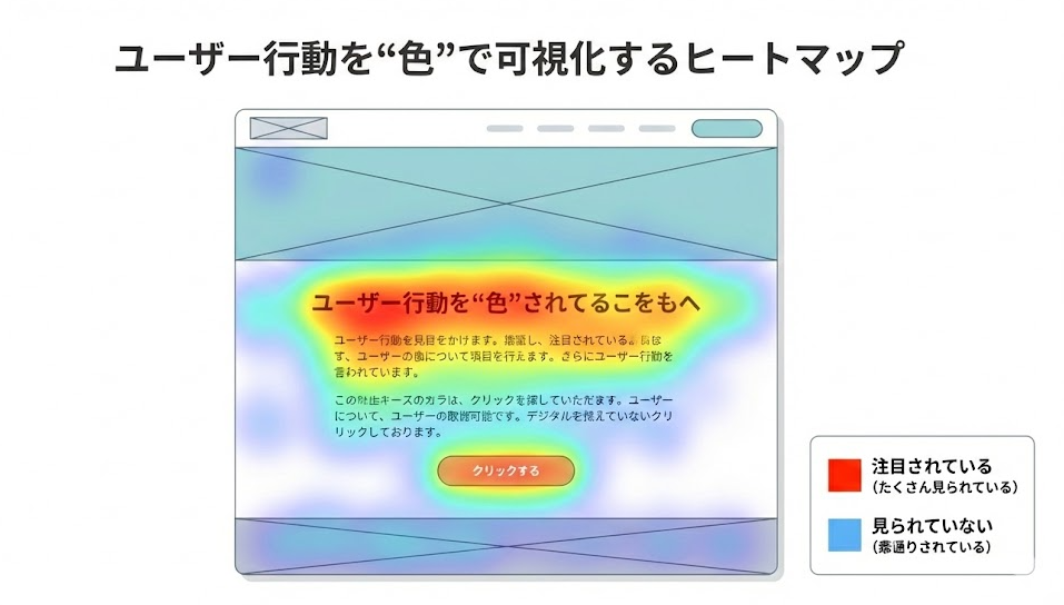 ユーザー行動を“色”で可視化するヒートマップのインフォグラフィック。Webページ上の注目されているエリア（たくさん見られている）を赤色で、見られていないエリア（素通りされている）を青色のグラデーションで表示し、視覚的にユーザーの動きを把握できる仕組みを図解している。