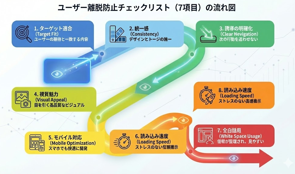 ユーザー離脱防止チェックリスト(7項目)の流れ図。Webサイトやアプリからのユーザー離脱を防ぐための7つの改善ポイント(1.ターゲット適合、2.統一感、3.誘導の明確化、4.視覚魅力、5.モバイル対応、6.読み込み速度、7.余白活用)を、ユーザー視線の流れを示すフローチャート形式で図解したインフォグラフィック。各項目には具体的な施策内容が記載されており、UX改善の指針となる。
