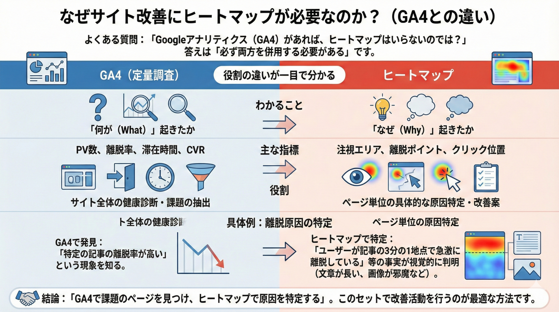 GA4とヒートマップの違いと併用の重要性を解説するインフォグラフィック。GA4（定量調査）は「何が起きたか」を数字で把握しサイト全体の課題を発見する役割、ヒートマップは「なぜ起きたか」を視覚的に理解しページ単位の原因を特定する役割であることを比較表で図解。具体例として、GA4で発見した離脱率の高いページに対し、ヒートマップで離脱ポイントを特定する流れを示し、両者をセットで活用することがサイト改善の最適な方法であると結論付けている。