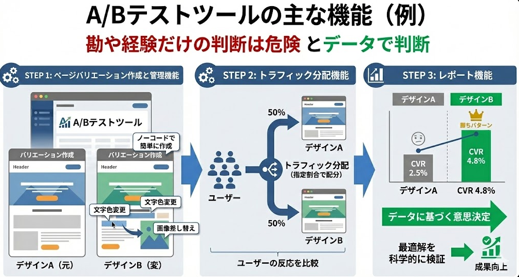 A/Bテストツールの主な機能を図解したインフォグラフィック。「勘や経験だけの判断」から「データで判断」への移行を促し、STEP1:ページバリエーション作成と管理、STEP2:トラフィック分配による比較、STEP3:CVRレポートに基づいたデータによる意思決定と成果向上のプロセスを視覚的に解説している。