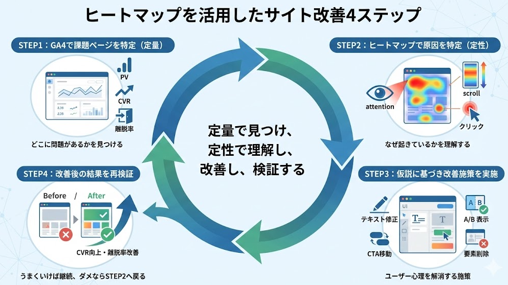 ヒートマップを活用したサイト改善4ステップの循環フロー図。GA4による定量的な課題ページ特定(STEP1)、ヒートマップを用いた定性的な離脱原因の分析(STEP2)、仮説に基づくUIなどの改善施策実施(STEP3)、Before/After比較による効果検証(STEP4)という一連のPDCAサイクルを解説。「定量で見つけ、定性で理解し、改善し、検証する」という継続的な改善プロセスを可視化している。