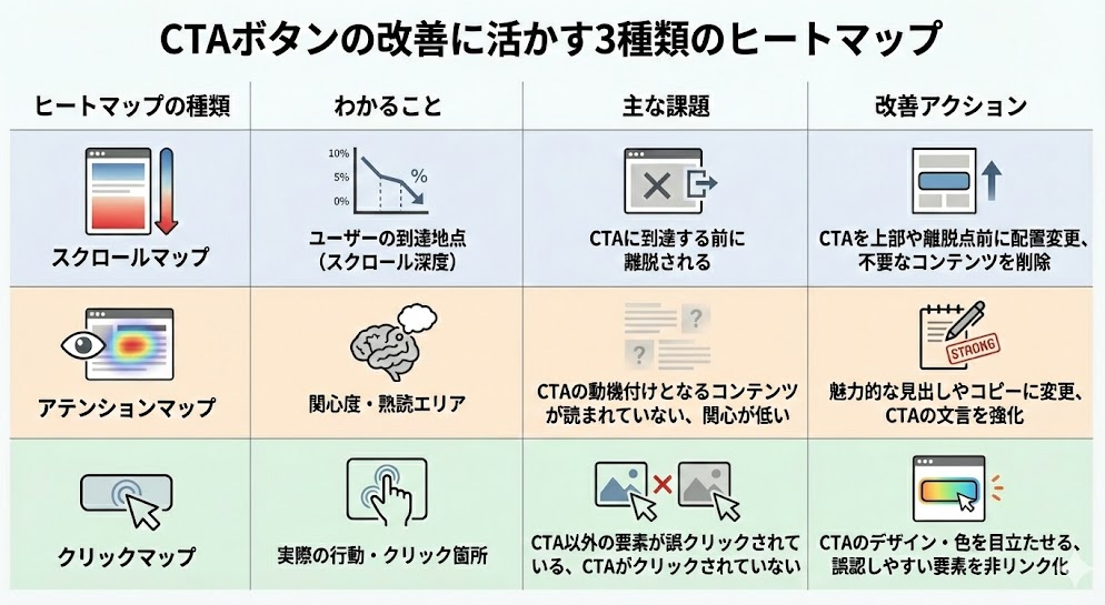 CTAボタン改善のための3種類のヒートマップ（スクロール、アテンション、クリック）活用表。それぞれのヒートマップで把握できるユーザー行動（到達地点、熟読エリア、クリック箇所）、明らかになる課題（離脱、関心不足、誤クリック）、そして具体的な改善アクション（配置変更、コピー強化、デザイン修正など）を一覧で図解したインフォグラフィック。