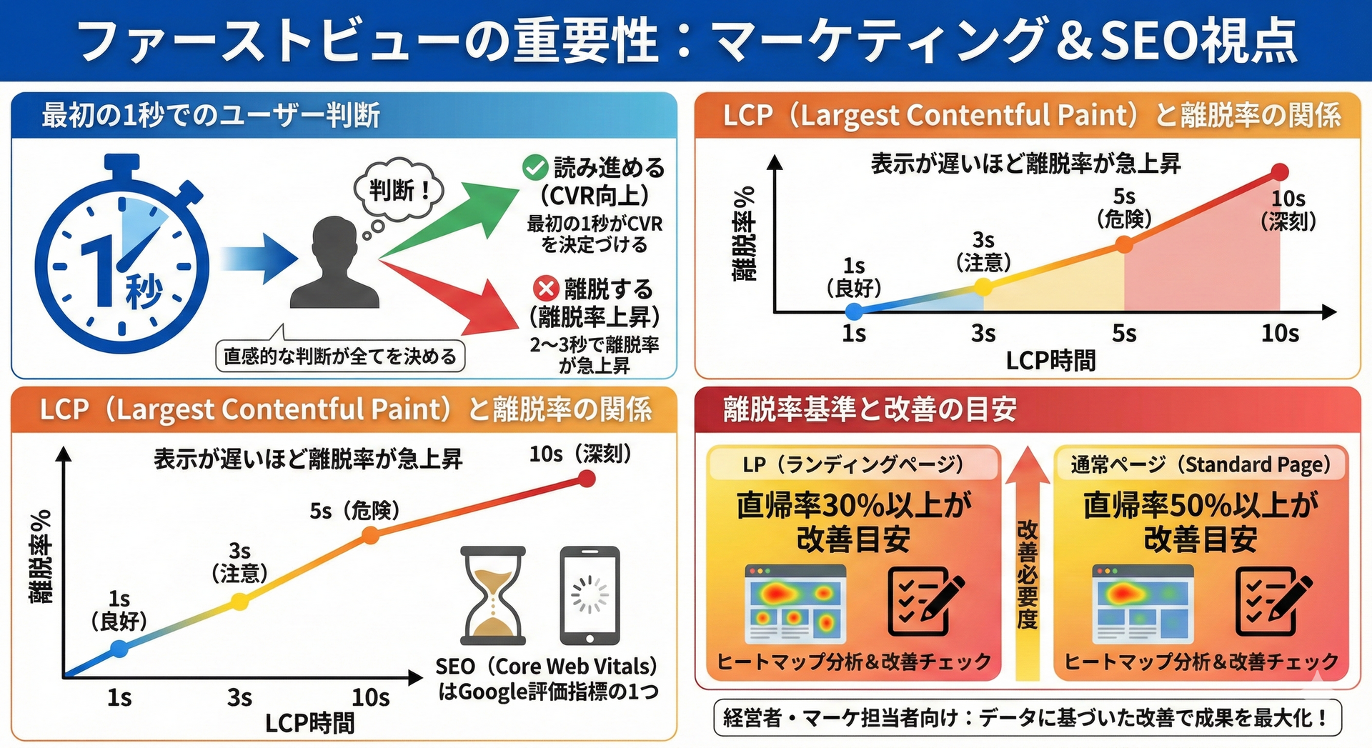 ファーストビューの重要性をマーケティングとSEOの視点から解説するインフォグラフィック。最初の1秒でのユーザー判断がCVRを左右し、表示速度(LCP)が遅れるほど離脱率が急上昇するデータを示すグラフ、そしてLP(直帰率30%以上)と通常ページ(直帰率50%以上)の改善目安基準を図解で紹介している。