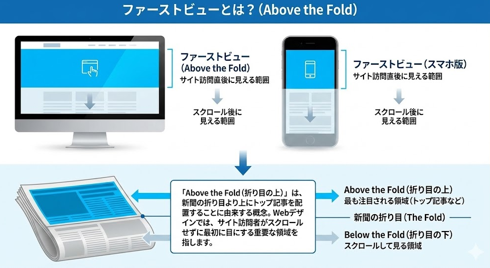 ファーストビュー(Above the Fold)の意味と由来を解説する図解。Webサイト訪問直後にスクロールせずに見える範囲をパソコンとスマホの画面図で強調表示し、その概念が新聞の「折り目の上」に重要記事を配置することに由来することをイラストとテキストで説明している。