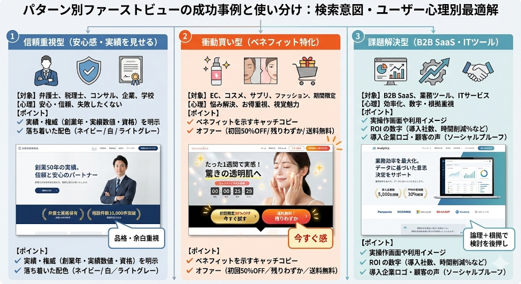 検索意図とユーザー心理に基づいたパターン別ファーストビューの成功事例と使い分けを比較・解説するインフォグラフィック。『信頼重視型(士業・企業向け、安心感・実績訴求)』、『衝動買い型(EC・コスメ向け、ベネフィット・オファー訴求)』、『課題解決型(B2B SaaS・ITツール向け、効率化・根拠訴求)』の3パターンについて、それぞれの対象ターゲット、ユーザー心理、デザインのポイント、具体的なWebサイトのファーストビュー構成例を図解で分かりやすく紹介している。