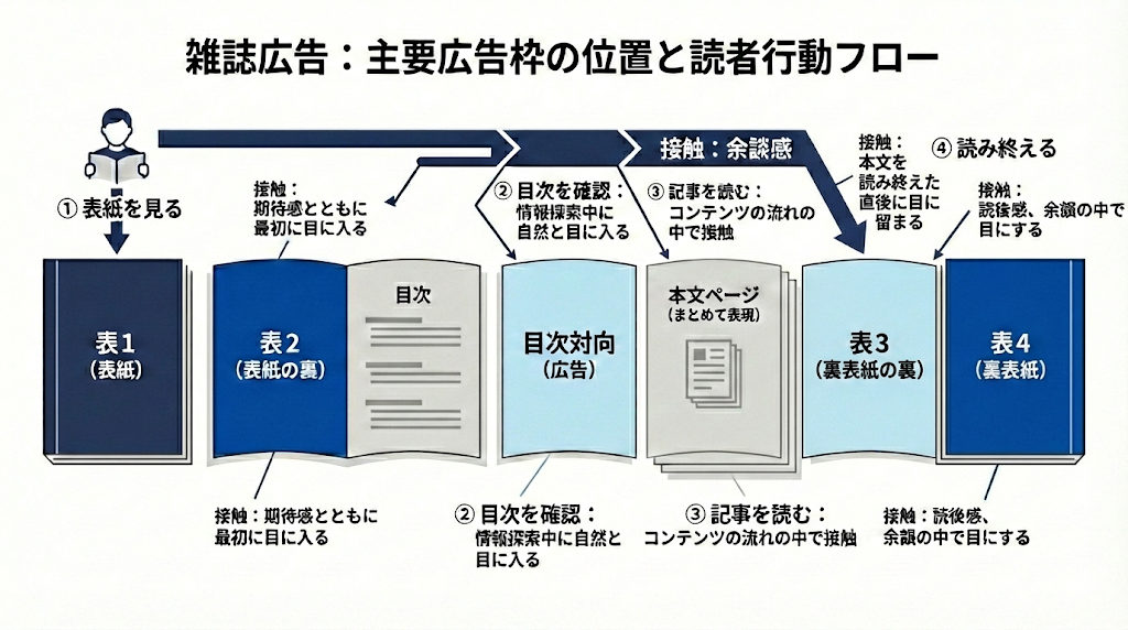 雑誌広告における主要な広告枠（表1、表2、目次対向、表3、表4）の位置関係と、読者が雑誌を読む際の視線・行動フローを図解したインフォグラフィック。表紙から目次、本文、読み終えるまでの各段階で接触する広告枠を時系列で示しています。