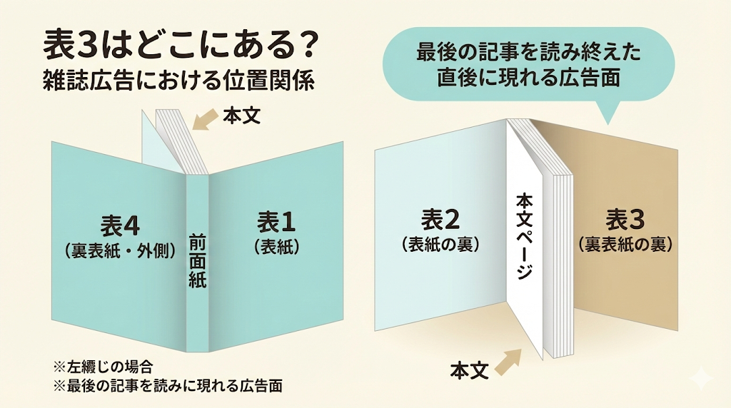雑誌広告における表3の位置関係を示す図解。表1（表紙）、表2（表紙の裏）、表4（裏表紙・外側）との配置の違いを、開いた状態と閉じた状態の雑誌のイラストで分かりやすく解説。表3は裏表紙の裏側にあり、本文を読み終えた直後に読者が接触する広告枠であることを強調して説明している。