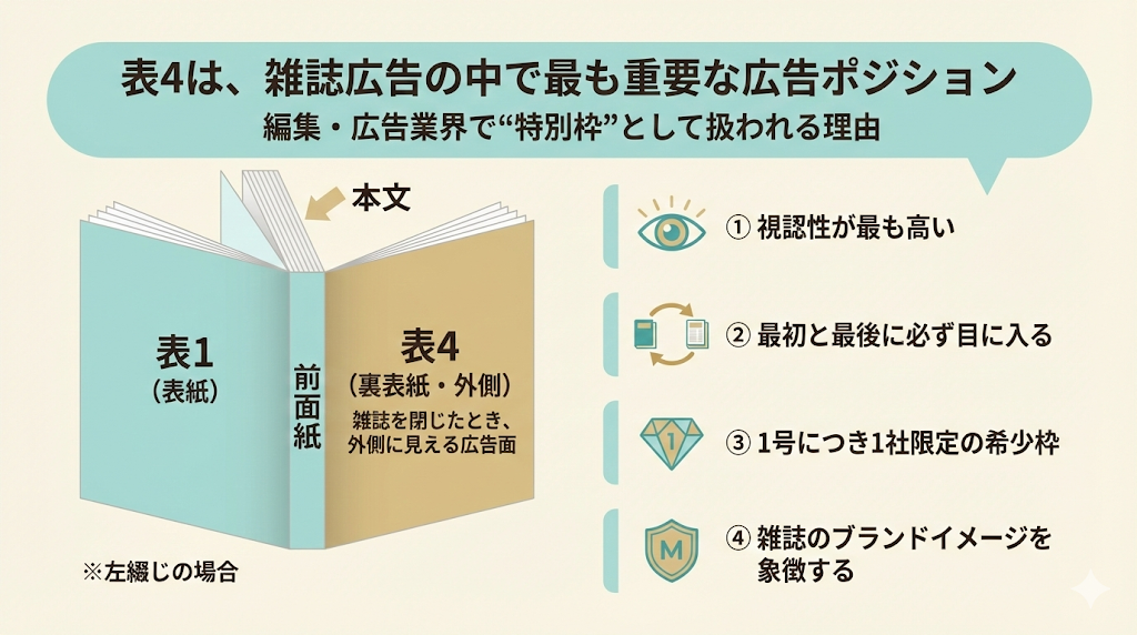 インフォグラフィック「表4は、雑誌広告の中で最も重要な広告ポジション」。雑誌の裏表紙の外側にあたる「表4」が、編集・広告業界で特別枠として扱われる理由を解説。左側の図では、雑誌を閉じた時に外側に見える表4の位置関係をイラストで示し、右側ではそのメリットとして「①視認性が最も高い」「②最初と最後に必ず目に入る」「③1号につき1社限定の希少枠」「④雑誌のブランドイメージを象徴する」の4点をアイコン付きで挙げている。