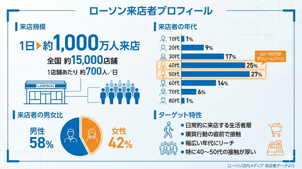 ローソン店内メディアによる来店者プロフィールのインフォグラフィック。全国約15,000店舗で1日約1,000万人が来店。男女比は男性58%・女性42%、年代は40代(25%)・50代(27%)がボリュームゾーン。日常的な来店で購買行動の直前に接触できるターゲット特性を示すデータ図。
