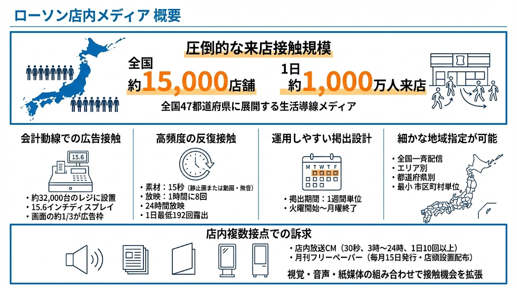 ローソン店内メディア概要のインフォグラフィック。全国約15,000店舗・1日約1,000万人来店という圧倒的な接触規模や、POSレジ画面(15.6インチディスプレイ)を活用した会計動線での広告接触、1日最低192回露出による高頻度な反復接触、市区町村単位まで可能な細かな地域指定、店内放送やフリーペーパーと連動した複数接点での訴求など、媒体の主要な特徴と仕組みを図解している。