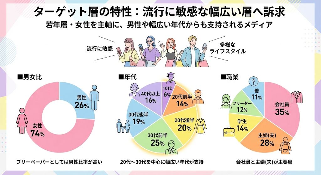 メディアのターゲット層属性データ（男女比・年代・職業）を示すインフォグラフィック。女性（74%）、20代～30代、会社員・主婦層が中心で、流行に敏感な幅広い層へ訴求する媒体特性を図解