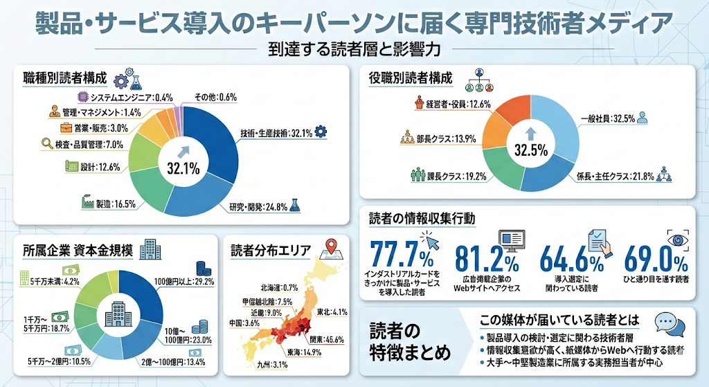 専門技術者メディア「インダストリアルカード」の読者層と影響力を示すインフォグラフィック。「製品・サービス導入のキーパーソンに届く」をテーマに、職種（技術・生産技術が中心）、役職、資本金規模、エリア別の読者構成グラフと、Webサイトアクセスや導入選定への関与率を示す行動データを可視化している。
