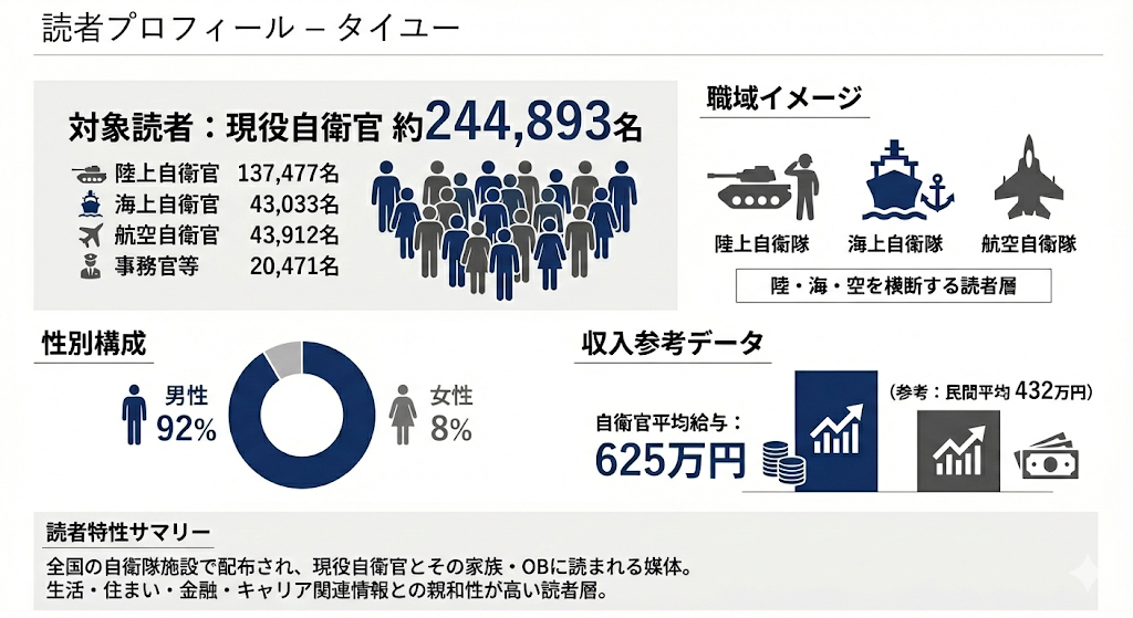自衛官向け雑誌「タイユー」の読者プロフィール・インフォグラフィック。対象は現役自衛官約244,893名で、男性が92%。自衛官の平均給与（625万円）や陸・海・空の職域イメージ、生活・金融・キャリア情報と親和性が高い読者特性データなどを図示