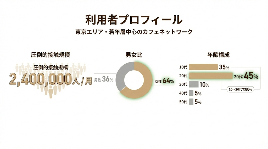 東京エリア・若年層中心のカフェネットワーク利用者プロフィールのインフォグラフィック。月間接触規模は2,400,000人。男女比は女性64%、男性36%。年齢構成は10代35%、20代45%で、10〜20代で全体の80%を占める。