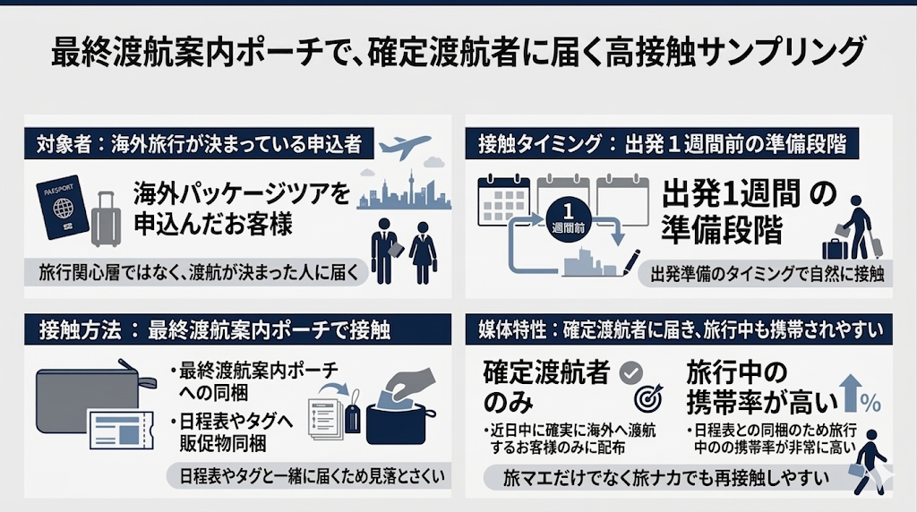 海外旅行確定者にアプローチする広告媒体の紹介インフォグラフィック。タイトルは『出発前1週間に届く読者データ 最終渡航案内ポーチで、確定渡航者に届く高接触サンプリング』。対象者は海外旅行が決まっている申込者で、旅行関心層ではなく確実に渡航する人に届く。接触タイミングは出発1週間前の準備段階。接触方法は最終渡航案内ポーチへ日程表やバッグタグと一緒に販促物を同梱するため見落とされにくい。媒体特性は近日中に海外へ渡航するお客様のみに限定配布。日程表同梱により旅行中の携帯率が非常に高い(100%)。旅マエだけでなく旅ナカでも再接触しやすいサービスであることを解説