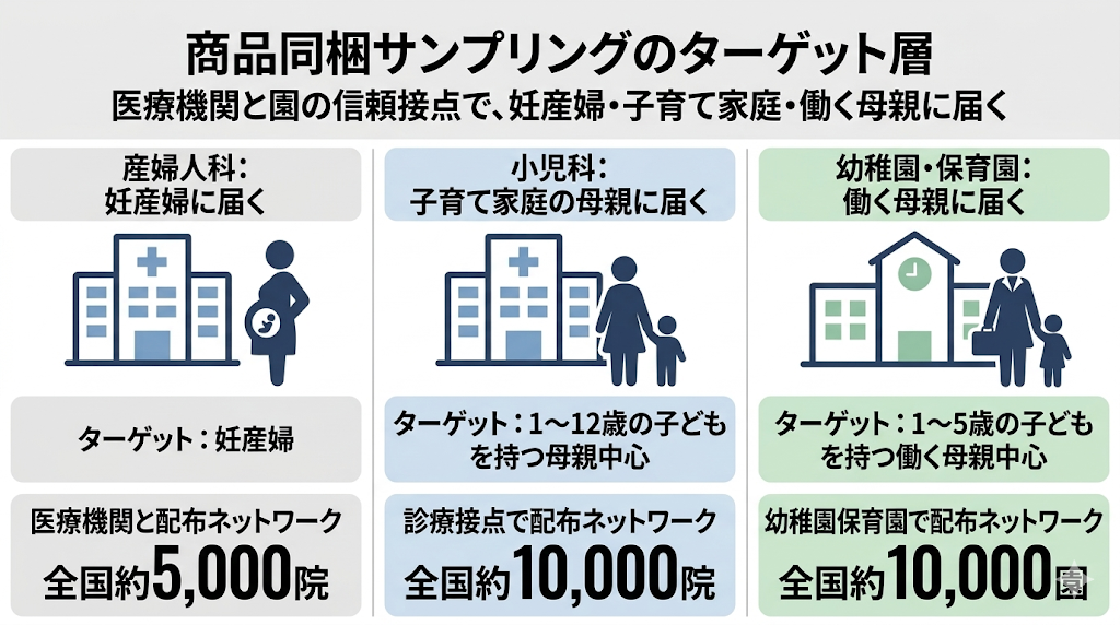商品同梱サンプリング』のターゲット層について説明するインフォグラフィック。医療機関と園の信頼接点で、妊産婦・子育て家庭・働く母親に届く媒体特徴を解説。全国約5,000院の産婦人科で妊産婦へ、約10,000院の小児科で1〜12歳の子どもを持つ母親中心へ、約10,000園の幼稚園・保育園で1〜5歳の子どもを持つ働く母親中心へ配布するネットワーク規模を紹介
