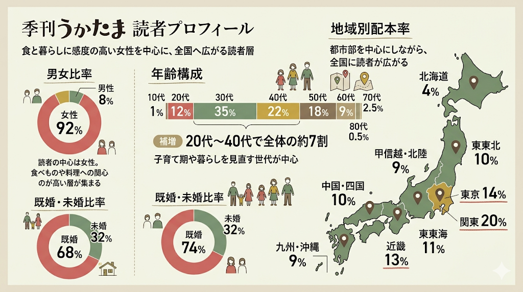 季刊うかたまの読者プロフィールを示すインフォグラフィック。食と暮らしに感度の高い女性読者が92％を占める。年齢構成は20代〜40代が全体の約7割で、子育て世代が中心。既婚率は68％。地域別配本率は関東20％、東京14％、近畿13％など、都市部を中心に全国に広がる。主要ターゲット層は子育て期や暮らしを見直す世代。