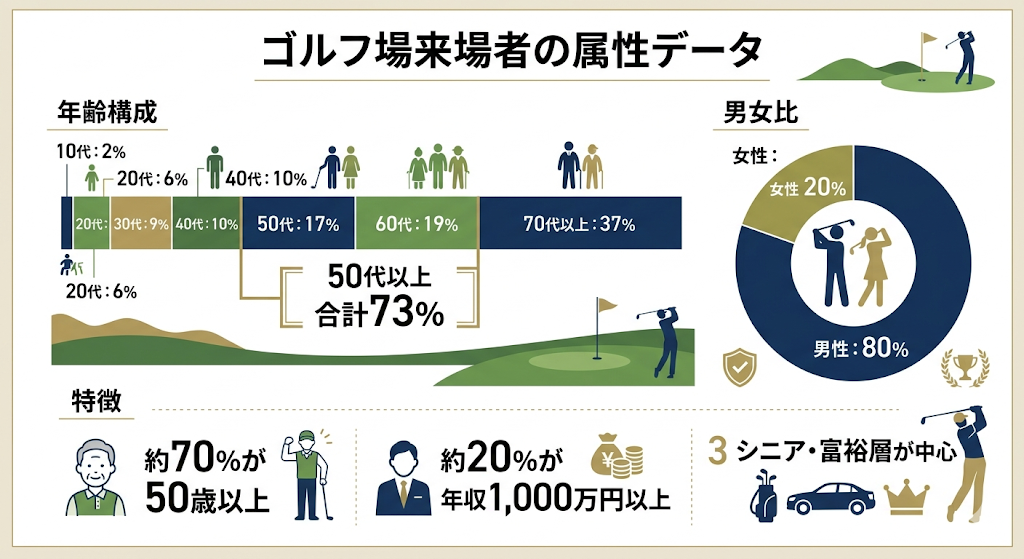 ゴルフ場来場者の属性データを示すインフォグラフィック。年齢構成では50代以上が合計73％（70代以上37％、60代19％、50代17％）を占め、男女比は男性80％、女性20％。特徴として「約70％が50歳以上」「約20％が年収1,000万円以上」「シニア・富裕層が中心」であることを明記。ゴルフ広告主向けのマーケティング資料