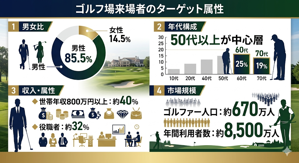ゴルフ場来場者の詳細なターゲット属性インフォグラフィック。男女比は男性85.5%、女性14.5%。年代構成は50代以上が中心で、60代25%、70代19%。収入・属性では世帯年収800万円以上が約40%、役職者が約32%。市場規模はゴルファー人口約670万人、年間利用者数約8,500万人。