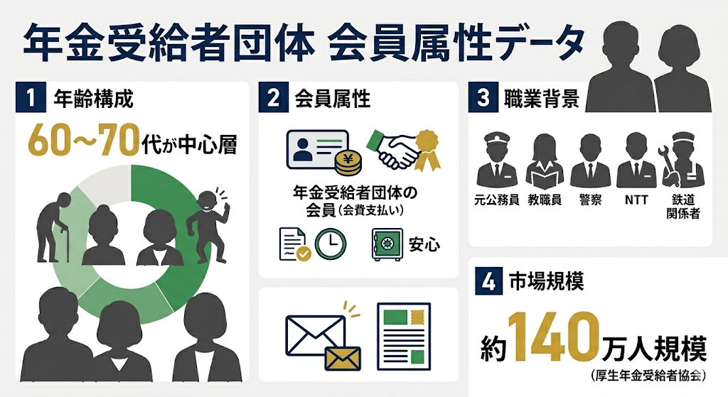 年金受給者団体の会員属性データを可視化したインフォグラフィック。タイトルは『年金受給者団体 会員属性データ』。データは4つのセクションで構成される。1.年齢構成: 60代、70代が中心層で、円グラフと高齢者の様々なシルエット。2.会員属性: 会費を支払う会員で、会員証、コイン、握手、金庫のアイコン。3.職業背景: 元公務員、教職員、警察、NTT、鉄道関係者のシルエット。4.市場規模: 厚生年金受給者協会は約140万人規模。シニアマーケティングや広告のデータとして適している。