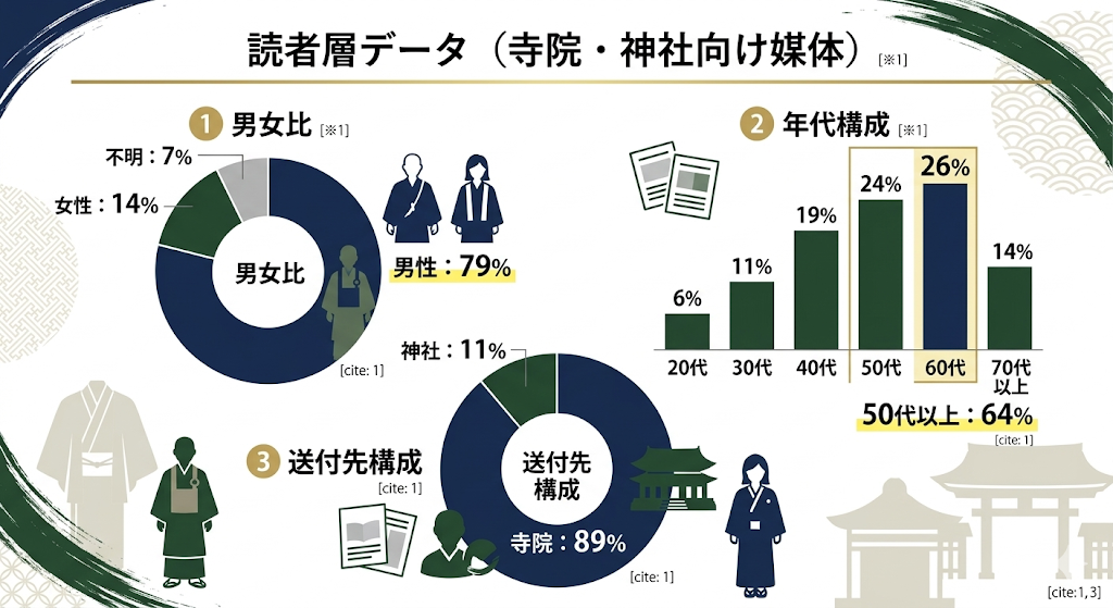 寺院・神社向け媒体の読者層データ。男性79％、50代以上が64％を占める専門職読者の属性（男女比、年代構成、送付先構成）をグラフとイラストで可視化したインフォグラフィック。送付先は寺院が89％。