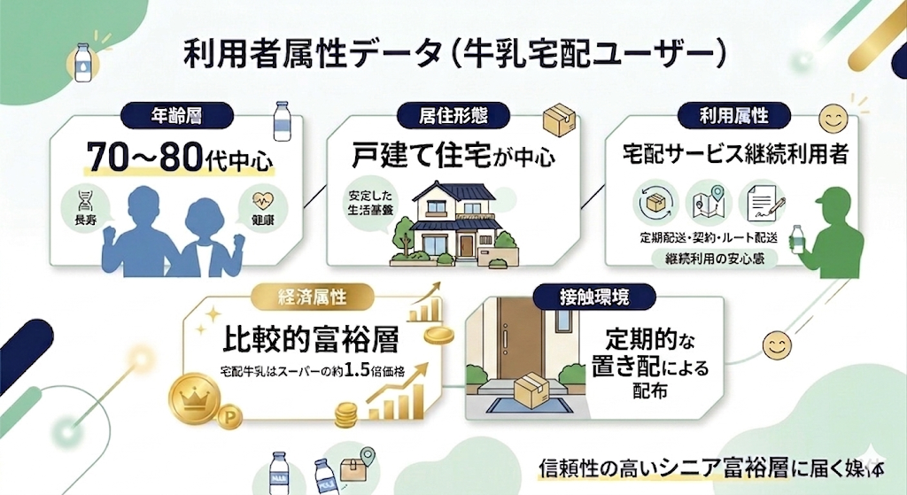 「利用者属性データ（牛乳宅配ユーザー）」というタイトルのインフォグラフィック。70～80代のシニア層、戸建て住宅中心、宅配サービスの継続利用、スーパーより高価格な比較的富裕層という4つの主な属性と、定期的な置き配による接触環境をイラストとテキストで解説している。