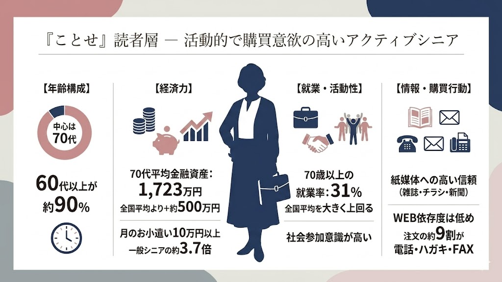 『ことせ』読者層（アクティブシニア）の特徴を示すインフォグラフィック。活動的で購買意欲の高い70代中心のシニア女性のペルソナを図解。データ：年齢構成（60代以上約90%）、経済力（平均金融資産1,723万円、月のお小遣い10万円以上）、就業・活動性（70歳以上就業率31%）、情報・購買行動（紙媒体への高い信頼、注文の約9割が電話・ハガキ・FAX）。