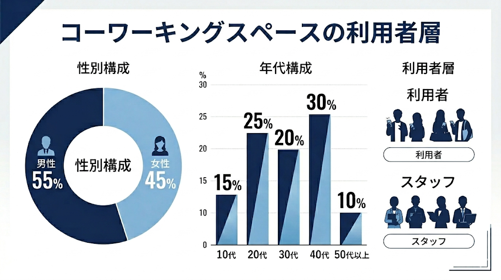 コーワーキングスペースの利用者層属性データのインフォグラフィック。性別構成（男性55%、女性45%）と年代構成（10代15%〜50代以上10%、40代が最多の30%）をドーナツチャートと棒グラフで可視化。男女比と年齢分布を端的に示す