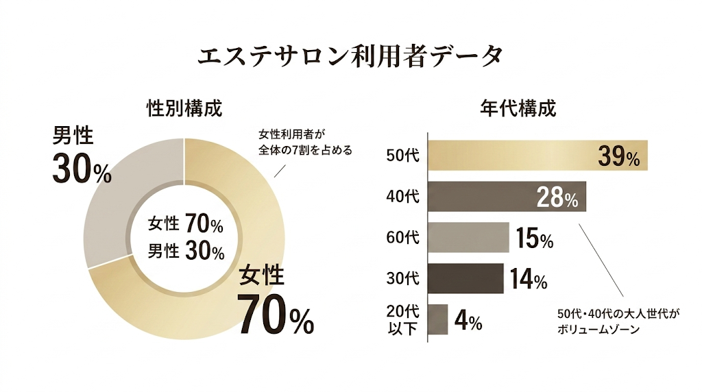 エステサロンの利用者属性データを示すインフォグラフィック。性別構成は女性が7割（70%）。年代構成では50代が最多（39%）で、40代（28%）と合わせて大人世代がボリュームゾーン。広告主がターゲット像を一目で理解できる知的で洗練されたデザイン。