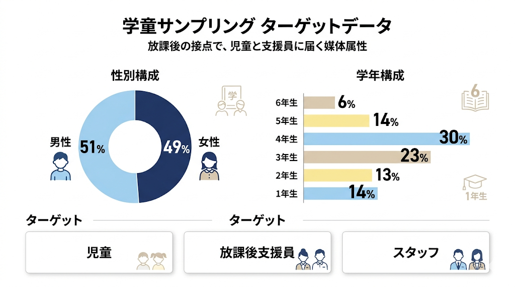 学童サンプリングのターゲット属性を示すインフォグラフィック。性別構成は男性51％・女性49％、学年構成は1年生14％、2年生13％、3年生23％、4年生30％、5年生14％、6年生6％。対象は児童・放課後支援員・スタッフ。