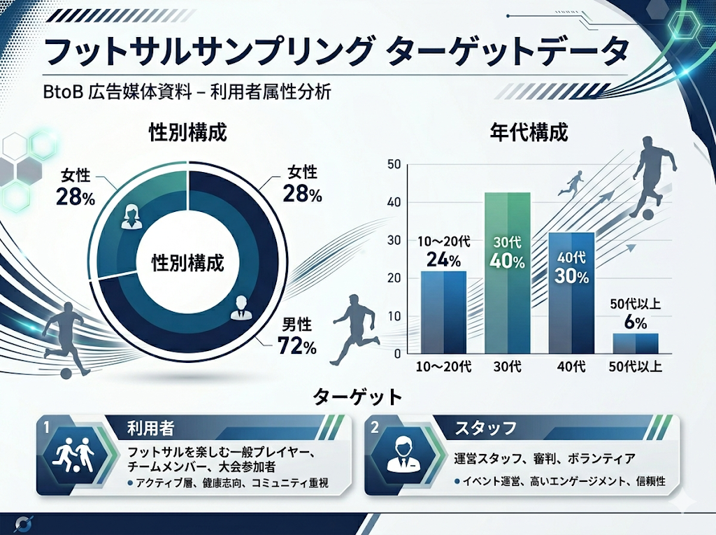 フットサルサンプリングに向けたBtoB広告媒体資料のターゲットデータ分析図。利用者属性（性別72%男性、年代30代中心）とスタッフ属性（運営スタッフ、審判）の構成を可視化