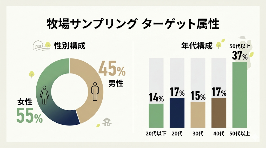 牧場サンプリング受衆のターゲット属性。性別構成（女性55%、男性45%）と年代構成（50代以上37%最多）のグラフデータ。