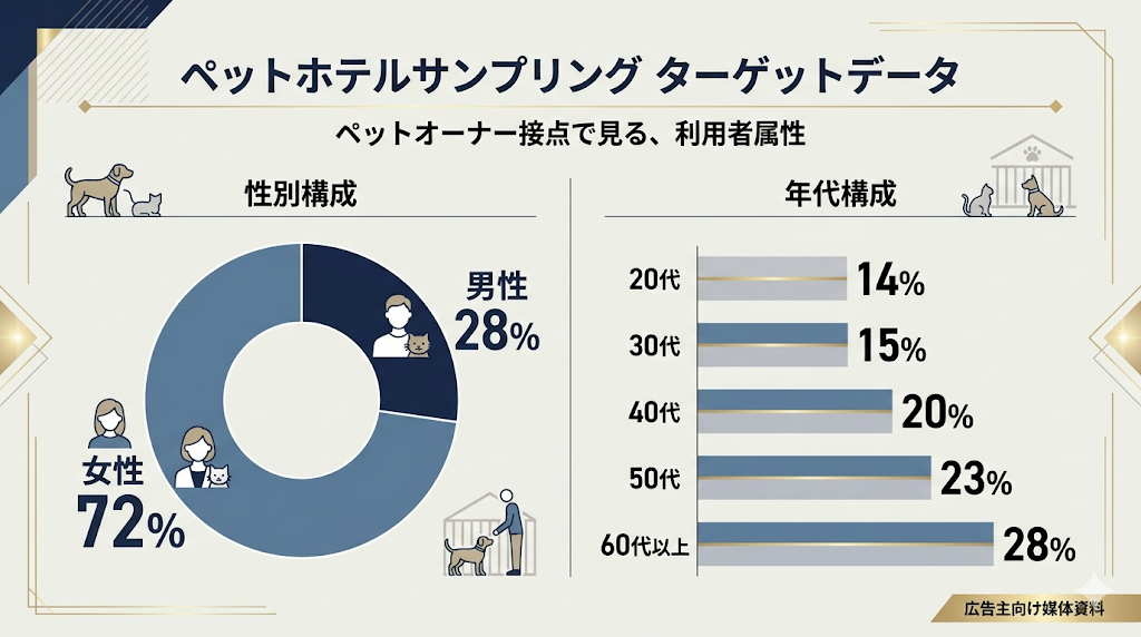 ペットオーナー向けサンプリングのターゲットデータを示す広告主向け媒体資料。性別構成は女性72%、男性28%。年代構成は60代以上が28%で最多。