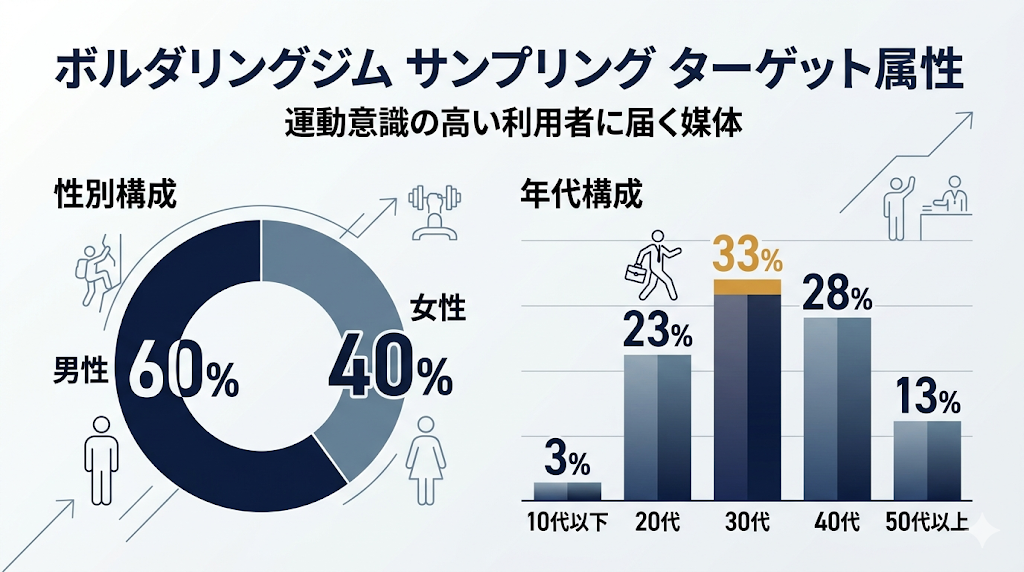 ボルダリングジム・サンプリング利用者属性のBtoB広告媒体インフォグラフィック。運動意識の高いアクティブ層（30代・40代中心）。性別（男性60%・女性40%）、年代（30代33%最多）のグラフ