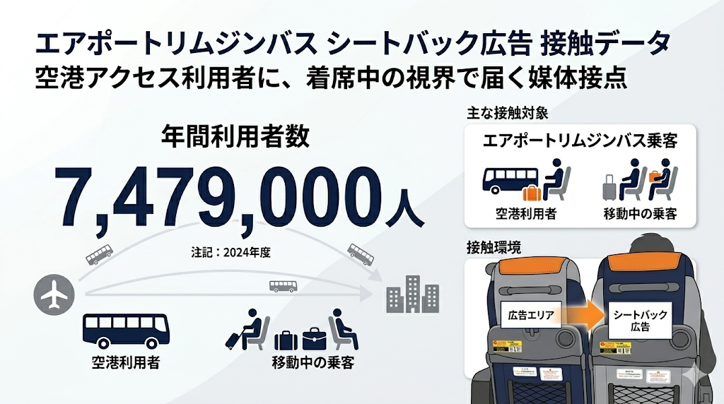 エアポートリムジンバス シートバック広告 接触データ（2024年度 年間利用者数 7,479,000人）。空港利用者の着席時の視界に届く媒体特性と、主な接触対象（空港利用者、移動中の乗客）、接触環境（座席背面の広告エリア）を説明するインフォグラフィック。