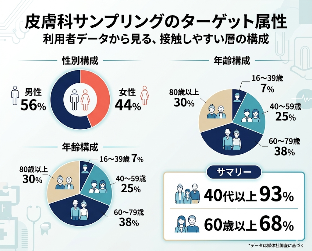 皮膚科サンプリングのターゲット属性を示す、広告主向け媒体資料のインフォグラフィック。利用者データに基づき、性別構成（男性56%、女性44%）と、40代以上が全体の93%を占める（うち60〜79歳が38%で最多、80歳以上が30%）年齢構成のチャートとデータを掲載。