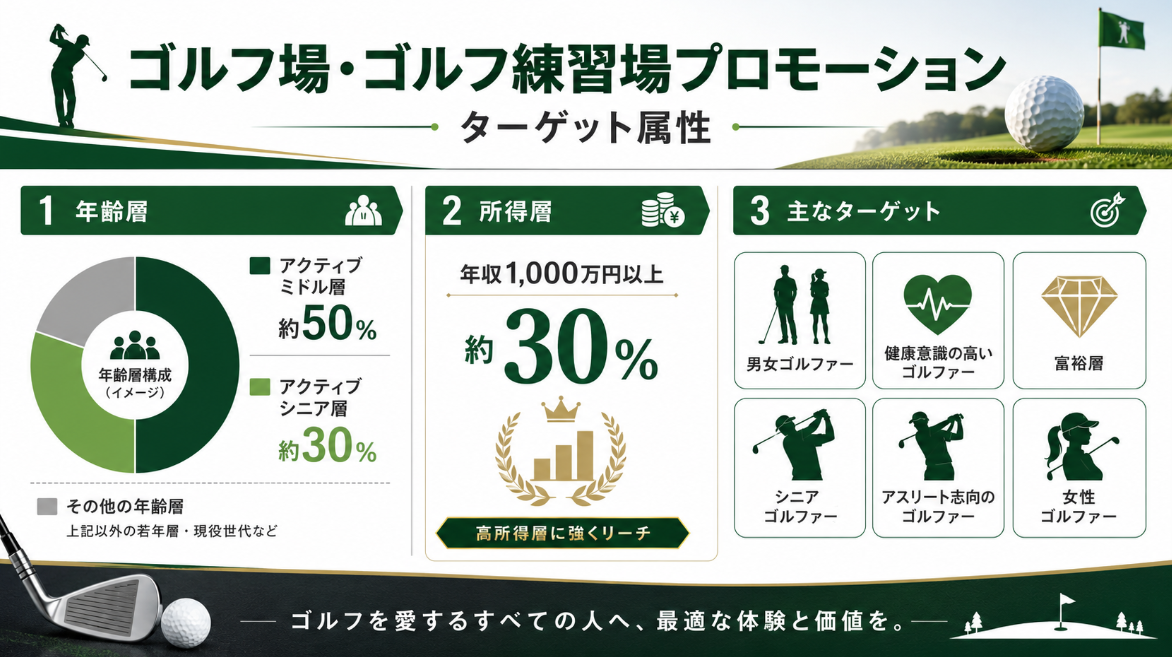 ゴルフ場・ゴルフ練習場プロモーションのターゲット属性。アクティブミドル層約50%、アクティブシニア層約30%、年収1,000万円以上約30%など、男女ゴルファーや富裕層、健康意識の高いゴルファーへの訴求力を示したインフォグラフィック