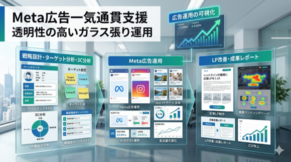 コンセプト設計からLP改善まで一気通貫で行う「ガラス張り」Meta広告運用のご提案