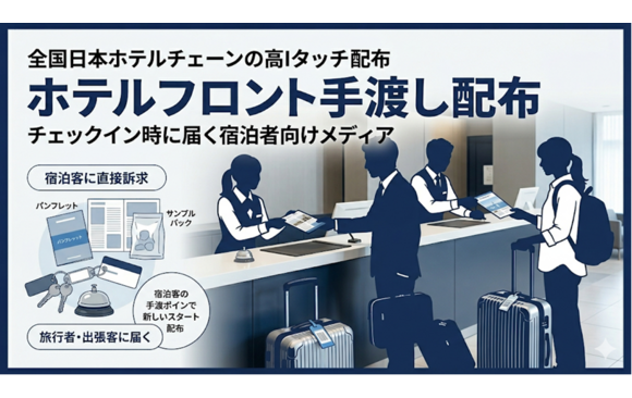 「宿泊客に対して、チェックイン時にフロントスタッフより手渡し配布」の媒体資料